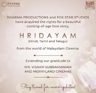 Dharam Productions And Fox Star Studios Acquire Hridayam  Remake Rights