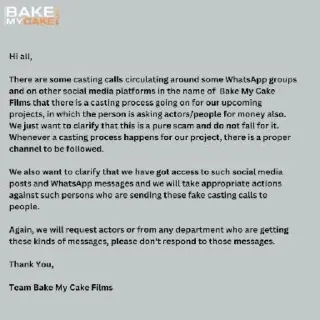 Bake My Cake Films Issues A Statement Regarding Casting Scam