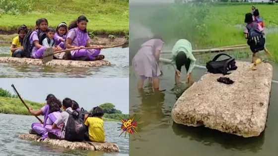 Viral Video: In Sambhajinagar, Kids Fights Water Snakes While Rowing On Thermocol Rafts To Go To School