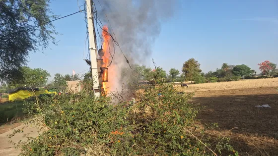 Mungawali: इलेक्ट्रिक ट्रांसफार्मर में लगी भीषण आग, खम्बे के निचे की नरवाई ने पकड़ी आग, मौके पर पहुंची फायर ब्रिगेड ने पाया आग पर काबू।