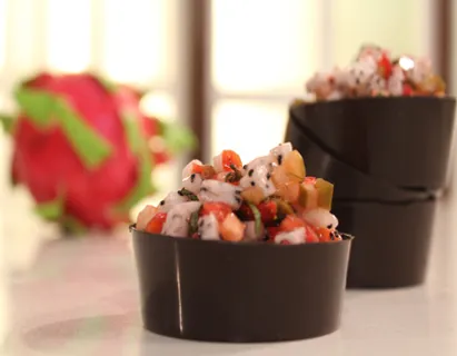 Strawberry and Dragon Fruit Salsa in Chocolate Cup