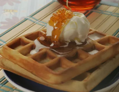 Waffles with Honey and Ice Cream