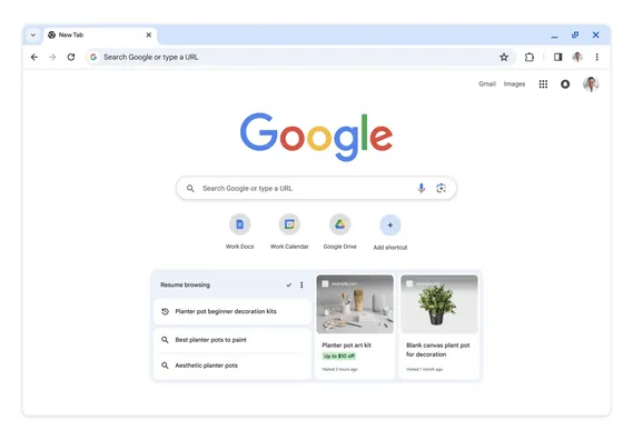 An animation of the Chrome homepage zooms in on a set of links within a “Resume browsing” card under the Google Search bar. They include a product listing for a “planter pot art kit” with a deal label saying “up to $10 off”