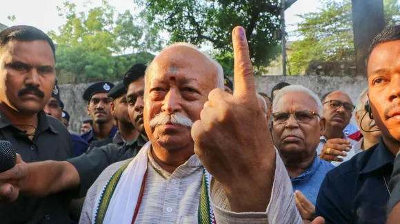 RSS chief Mohan Bhagwat at a polling station to cast his vote for the first phase of Lok Sabha elections, in Nagpur, Friday, April 19, 2024