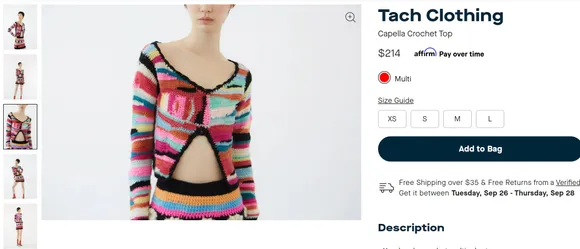 Sara's colorful crochet top comes with a price tag of $214, which is equivalent to ₹17,787.(verishop.com)