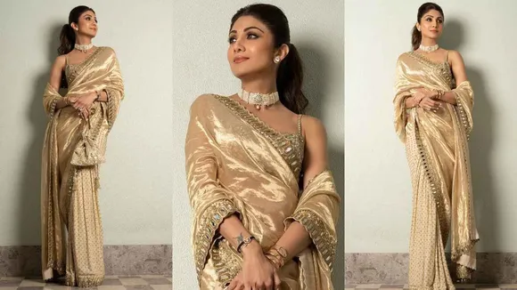 Shilpa Shetty looks stunning in Arpita Mehta's gold saree at Rakul and Jackky Bhagnani's wedding