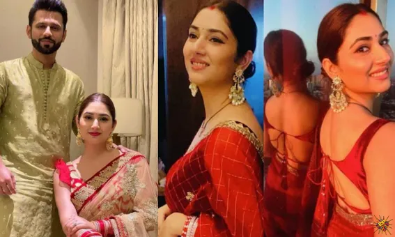 Find out the price of Disha Parmar's red organza sari from her first Karva Chauth with Rahul Vaidya