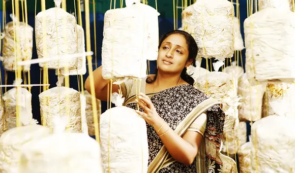 Shije Varghese at her oyster mushroom unit in Alleppy, Kerala