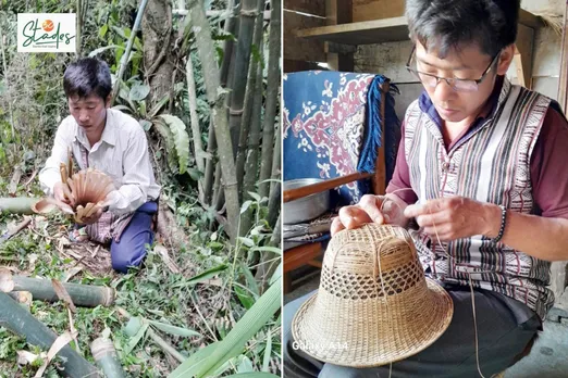 Lepcha Jordan collecting bamboo (left) and weaving a hat (right)
