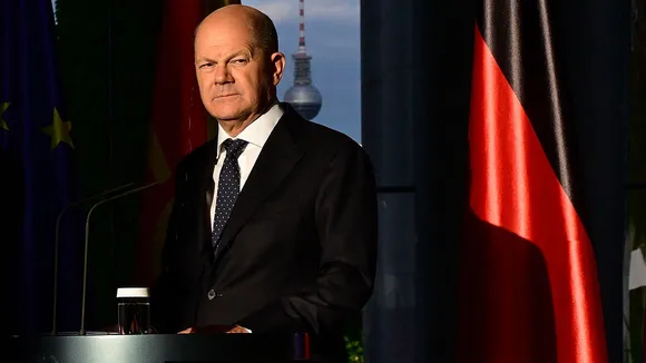 German Chancellor Olaf Scholz speaks during a press conference in Berlin on Wednesday, June 28.