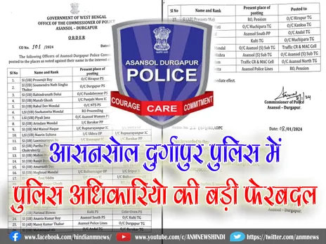 आसनसोल दुर्गापुर पुलिस में पुलिस अधिकारियो की बड़ी फेरबदल
