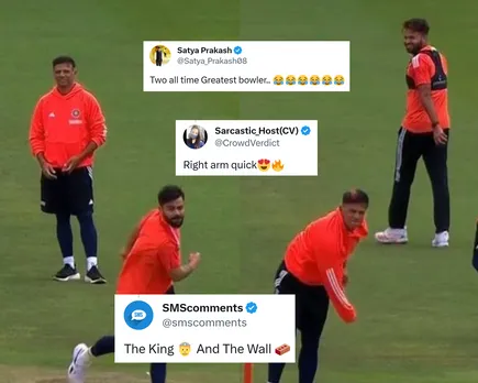 'Two all-time Greatest bowlers' - Fans react hilariously as Virat Kohli and head coach Rahul Dravid bowl during practice session