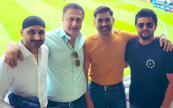 Suresh Raina meets MS Dhoni and Harbhajan Singh during India's match against England, shares pics