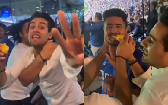 Watch: Momin Saqib Feeding “Laddoos” To Indian Fans After Iftikhar Ahmed Hits 3 Sixes Against Axar Patel