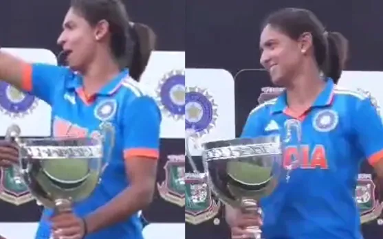 WATCH: Harmanpreet Kaur indicates Bangladesh captain Nigar Sultana to let umpires also join the series-ending photograph
