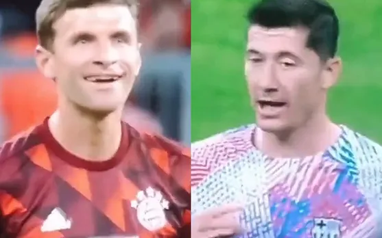 Watch- Thomas Muller taunts Robert Lewandowski for wearing a Barcelona shirt