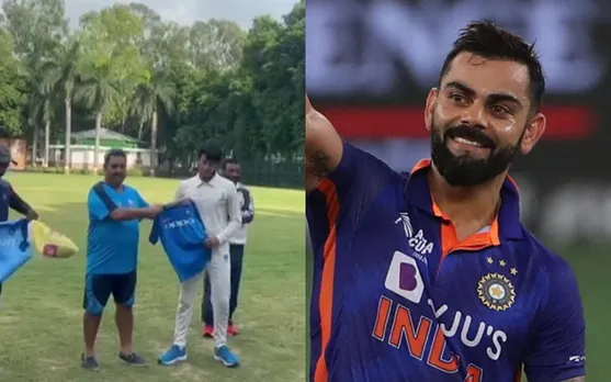 In a grand gesture, Virat Kohli gifts his T-shirt and shoes to former coach Rajkumar Sharma's cricket academy