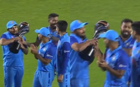 'Ye badhiya hai puri series khilao mat aur fir trophy handover' - Fans trolll Hardik Pandya as he hands over T20I series winning trophy to Prithvi Shaw