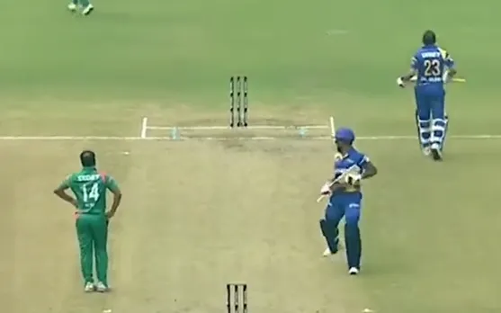 Watch: Bangladesh Legends fielding malfunction concedes four runs against Sri Lanka Legends