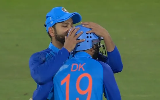 'Suddenly when dad walks in the room' - Twitter comes up with funny memes after Rohit Sharma kisses Dinesh Karthik on his helmet
