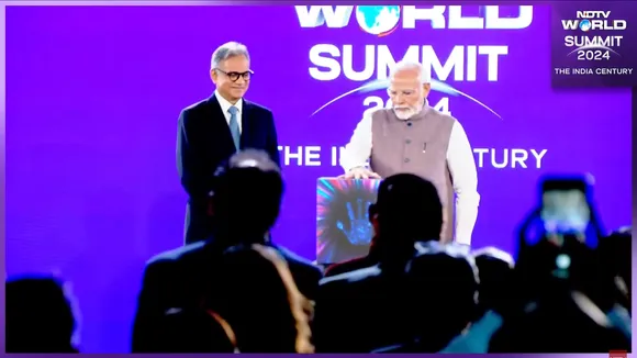 Prime Minister Narendra Modi and NDTV Editor-in-Chief Sanjay Pugalia at the launch of NDTV Group's seventh news channel NDTV World on Monday, October 21, 2024.