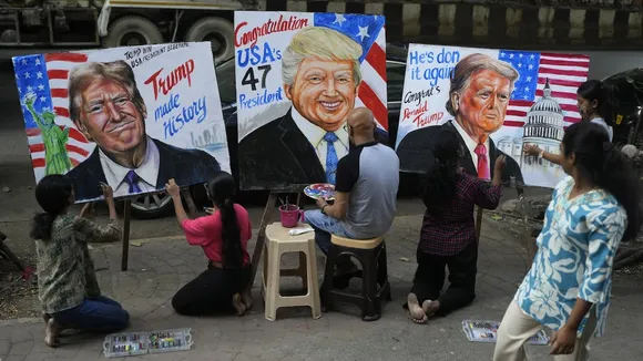 Students of Gurukul School of Art paint portraits of US President-elect Donald Trump on Wednesday, Nov 6, 2024.