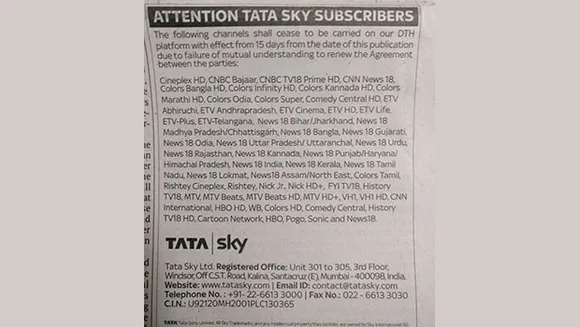 Tata Sky's public notice says Network18 and Viacom18 channels to be discontinued