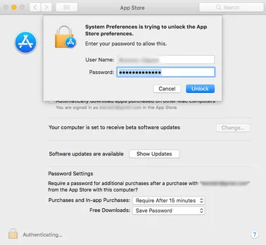 macOS App Store system preferences can be unlocked by any password