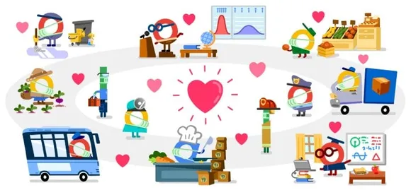Google Doodle say: Thank You Coronavirus Helpers; Thanks teachers and childcare workers in the new doodle