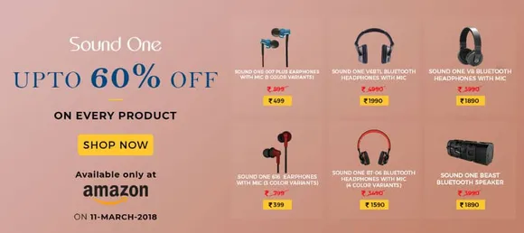 Amazon Sale on March 11,2018 : Discounts on Sound One Earphones, Headphones and Bluetooth speakers