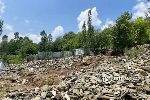 The Upper Sindh Hydro Power House (USHP) Stage II canal in Kawacherwan, clogged with debris after the cloudburst, affecting the local farmers' water supply and agricultural activities