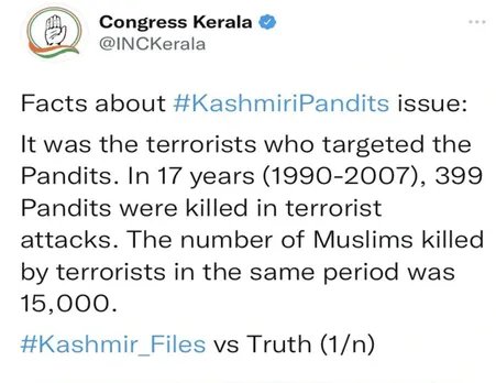 Kerala Congress tweet controversy: Kashmir Files Vs Truth Tweets