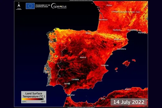 What is land surface temperature that exceeded 59°C in Spain?