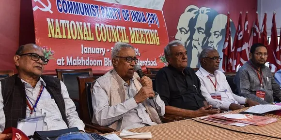 CPI former general secretary Suravaram Sudhakar Reddy addressing CPI national council meeting at Makhdoom Bhawan on Saturday. (Photo | Vinay Madapu, EPS)