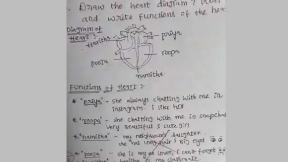 student wrote the names of 5 girls on the heart's chamber diagram in the exam