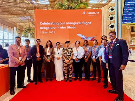 Neelu Khatri, Co-Founder and SVP International, Akasa Air along with the Akasa Air team celebrates Akasa Air's maiden flight from Bengaluru to Abu Dhabi on 1st March 2025
