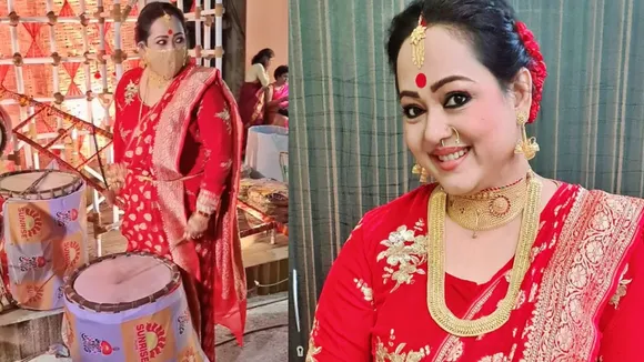 Aparajita Adhya, Durga Puja 2021, tollywood, অপরাজিতা আঢ্য, দুর্গাপুজোয় ঢাক বাজালেন অপরাজিতা আঢ্য, bengali news today