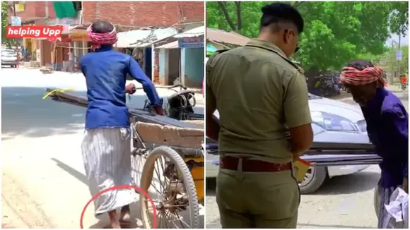cop, policeman, brand, new, slippers, cart-puller, walking, barefoot, viral, video