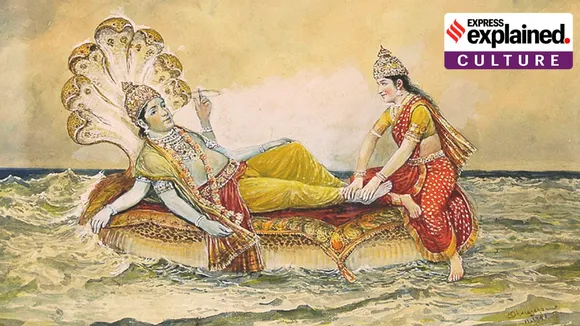 An early 20th-century painting depicting Vishnu resting on Ananta-Shesha, with Lakshmi massaging his feet, by M. V. Dhurandhar.