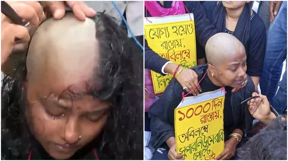 On the thousandth day of the movement SLST women job seeker protested with shaves hair , এসএলএসটি চাকরিপ্রার্থীদের আন্দোলন হাজার দিন মহিলা চাকরিপ্রার্থী ন্যাড়া মাথা