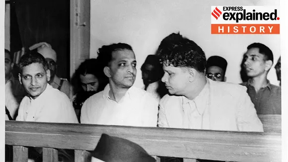 The trial of persons accused of participation and complicity in Mahatma Gandhi's assassination, on May 27, 1948. Left to right: Nathuram Vinayak Godse, Narayan Dattatraya Apte and Vishnu Ramkrishna Karkar.