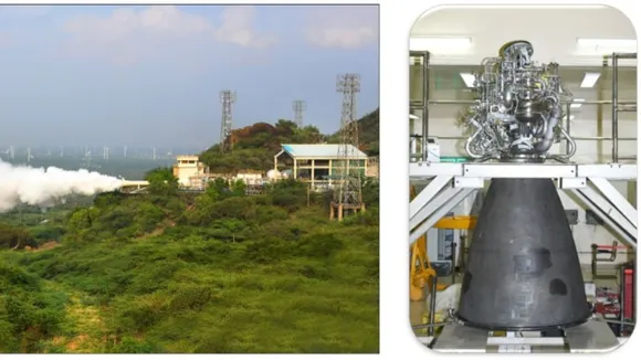 ISRO's CE-20 engine (right) and it being tested at the space agency's Propulsion Complex. (ISRO via X.com)