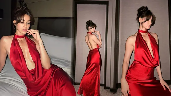 Disha patani red deep neck backless dress photoshoot for yodha promotions photos viral