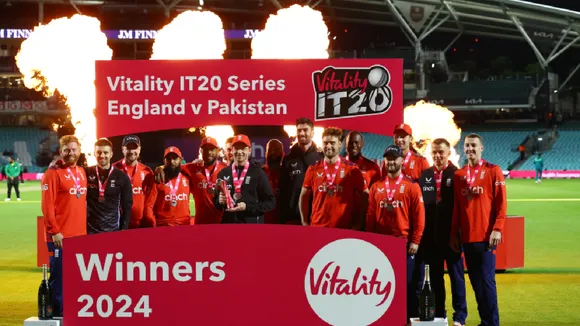 England players celebrate winning the series with the trophy