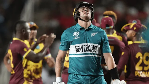 New Zealand's Finn Allen reacts after he was dismissed during the men's T20 World Cup cricket match between the West Indies and New Zealand at the Brian Lara Cricket Academy, Tarouba, Trinidad and Tobago, Wednesday, June 12, 2024. (AP Photo)