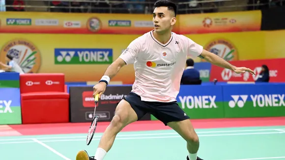 India's Lakshya Sen in action during the men's singles Round-of-16 match of the Yonex-Sunrise India Open 2023 at the Indira Gandhi Indoor Stadium in New Delhi on Thursday, January 19, 2023