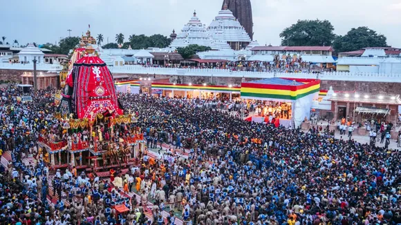 Devotees take part in the annual Jagannath Rath Yatra in Puri. (PTI)