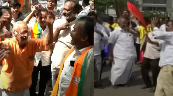 Delhi Election Erode By poll win DMK and BJP Party men celebration at Anna Arivalayam  Kamalalayam Office Chennai Tamil News