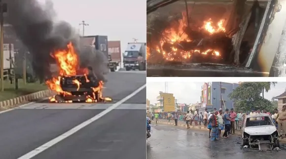 Ariyalur hotel owner killed road accident car catches fire after hitting median Tamil News  