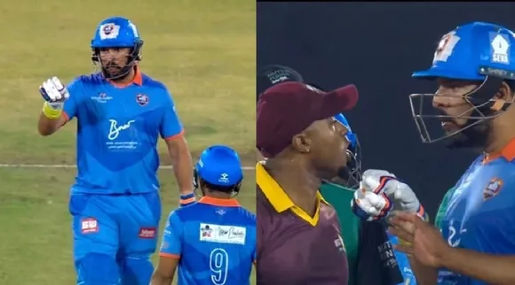 Yuvraj Singh and Tino Best clash heated exchange IML T20 final Brian Lara separates duo video Tamil News